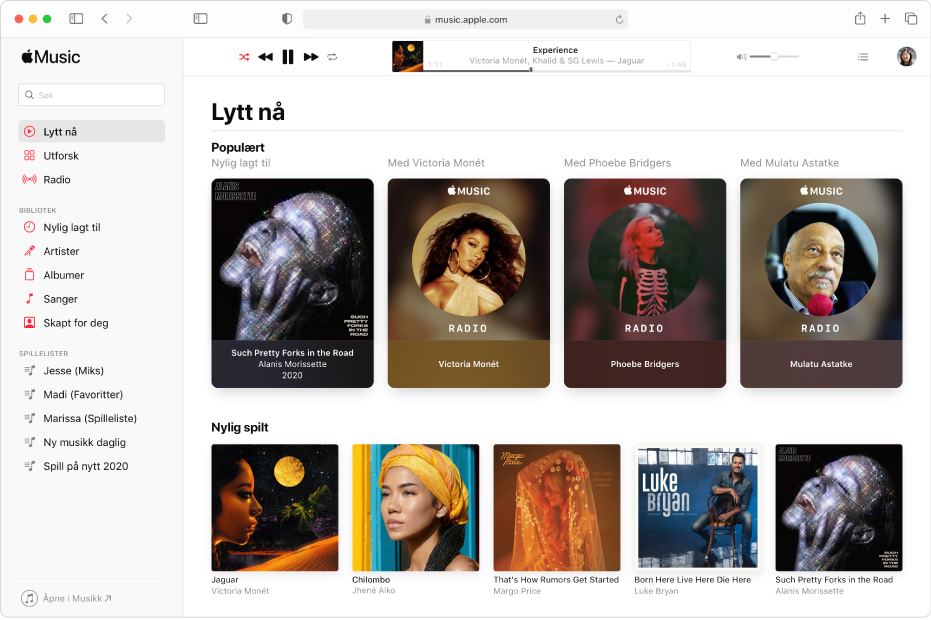 Apple Music-vinduet i Safari viser Lytt nå.