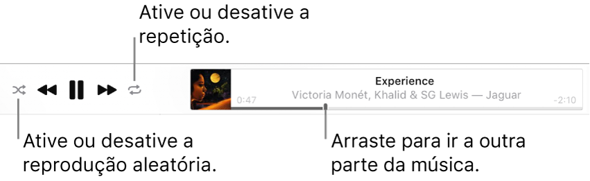 Parte superior do Apple Music com uma música sendo reproduzida. Os controles de reprodução estão do lado esquerdo. O botão Aleatório está à esquerda dos controles de reprodução e o botão Repetir, à direita. Arraste o cursor de reprodução para ir a outra parte da música.