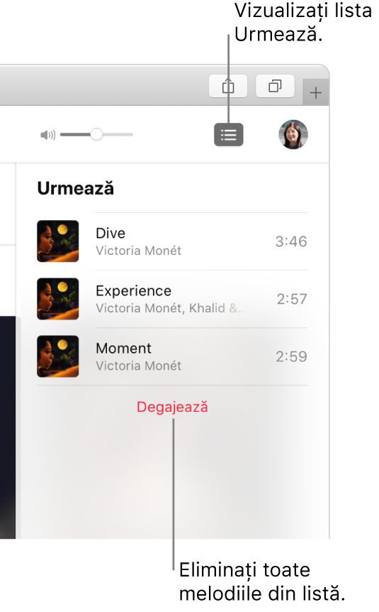 Butonul “Urmează” din colțul din dreapta sus al ferestrei Apple Music este selectat, iar lista este vizibilă. Faceți clic pe linkul “Degajează” din partea de jos a listei pentru eliminarea tuturor melodiilor din listă.