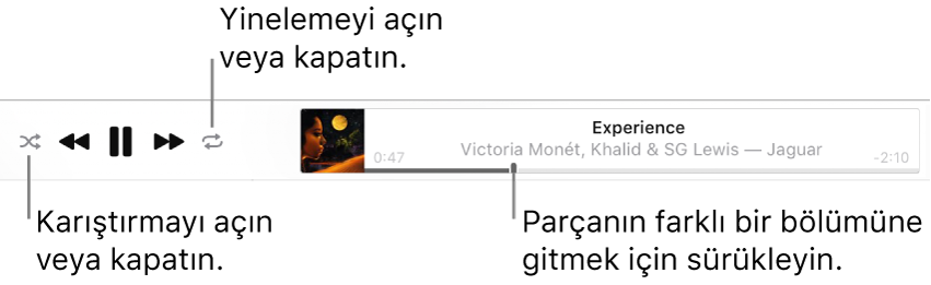 Apple Music’in çalan bir parçayı gösteren üst kısmı. Çalma denetimleri en solda. Karıştır düğmesi çalma denetimlerinin sol tarafında, Yinele düğmesi ise denetimlerin sağ tarafında. Parçanın farklı bir bölümüne gitmek için oynatma çubuğunu sürükleyin.