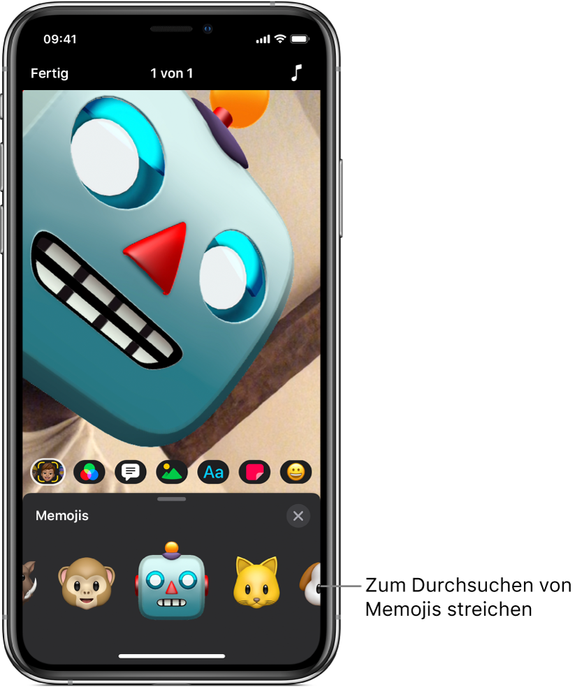 Ein Roboter-Memoji im Viewer mit den unten angezeigten ausgewählten Memojis und Memoji-Charakteren.