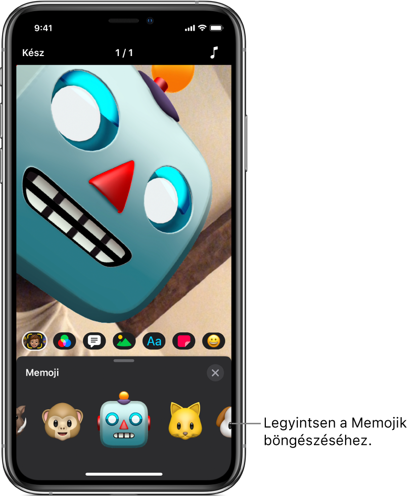 Egy robot Memoji a megtekintőben, ahol a Memoji van kijelölve, alatta pedig Memoji-karakterek láthatók.