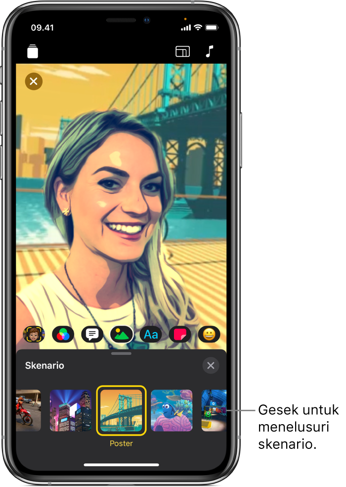 Skenario Selfie di penampil, dengan pilihan skenario di bawah.