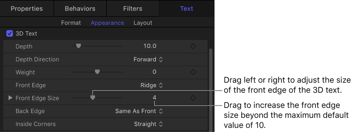 Front Edge parameters in the Appearance pane of the Text Inspector