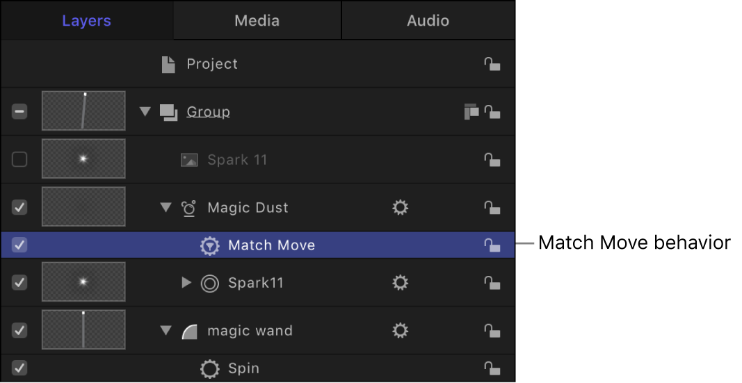 Layers list showing the Match Move behavior applied to a particle emitter