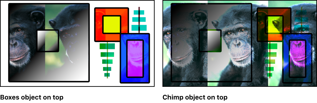 显示使用“点光”模式混合的框和猴子的画布