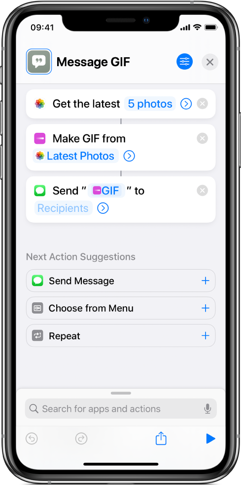 Shortcut editor showing actions used to send a message with photos as an animated GIF.