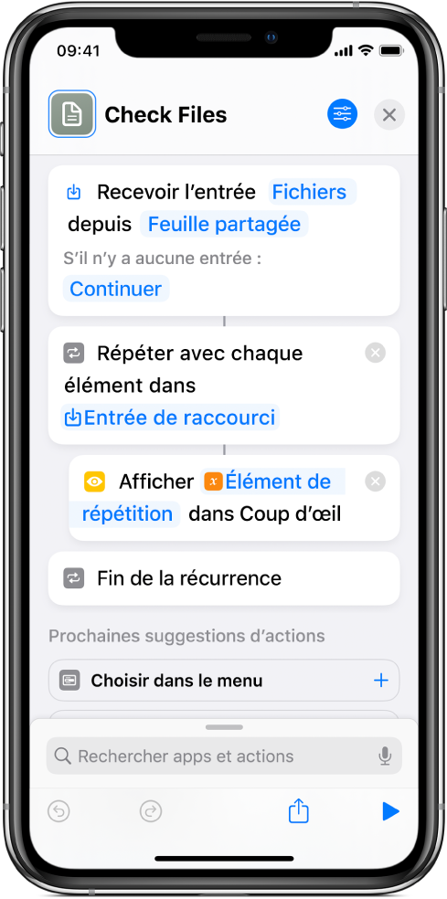 Action « Coup d’œil » dans l’éditeur de raccourcis.
