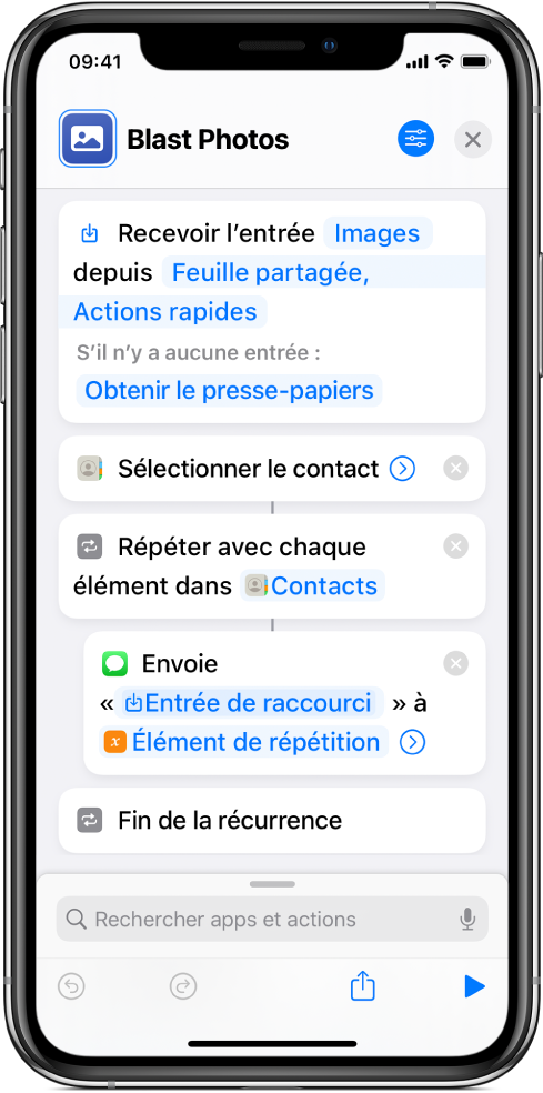 Exemple de raccourci montrant des actions « Répéter ».