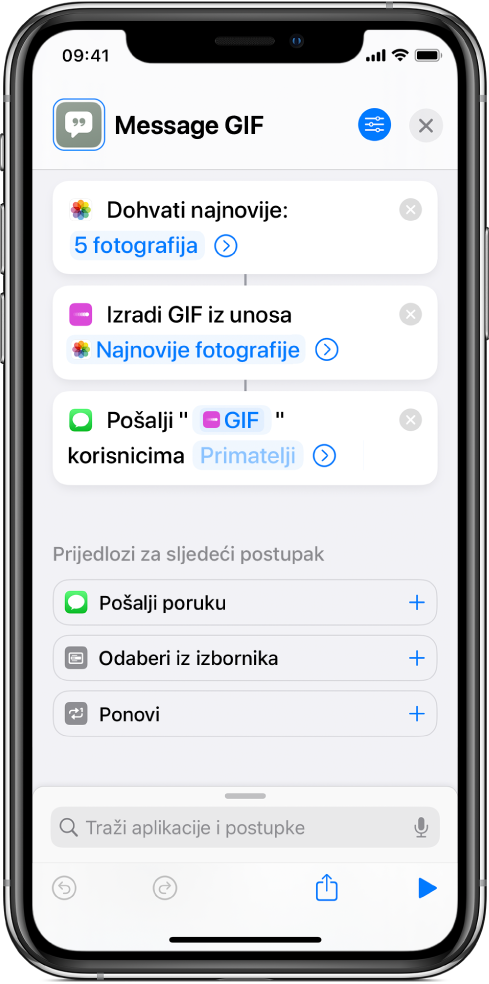 Urednik prečaca s prikazom postupaka koji se koriste za slanje poruke s fotografijama kao animiranog GIF-a.