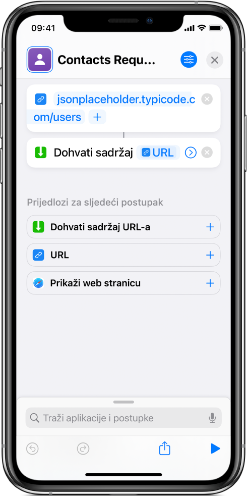 Zahtjev za API-jem koji sadrži radnju URL-a koja ukazuje na API krajnju točku, nakon kojeg slijedi URL radnja Dohvati sadržaj.