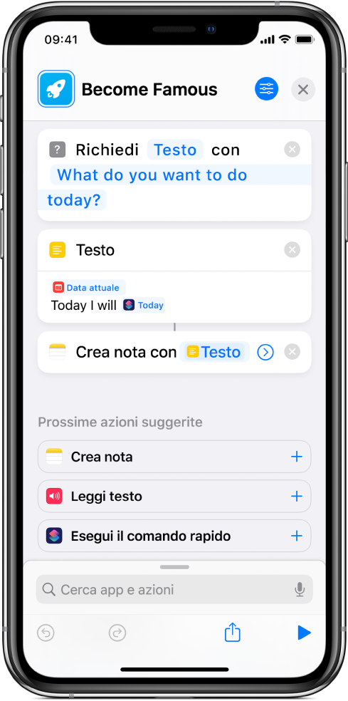 Il comando rapido Testo che contiene richieste.