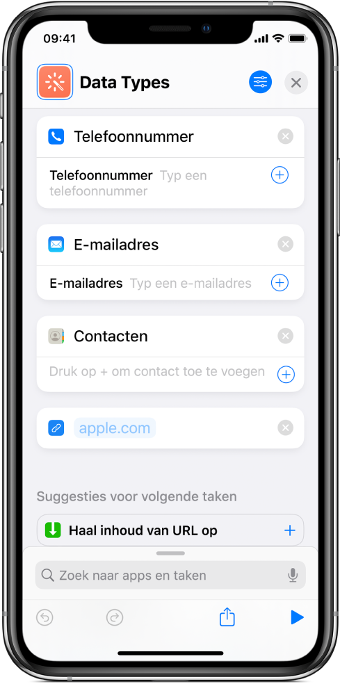 De opdrachteneditor, met taken waarmee inhoud in de opdracht wordt bewaard.