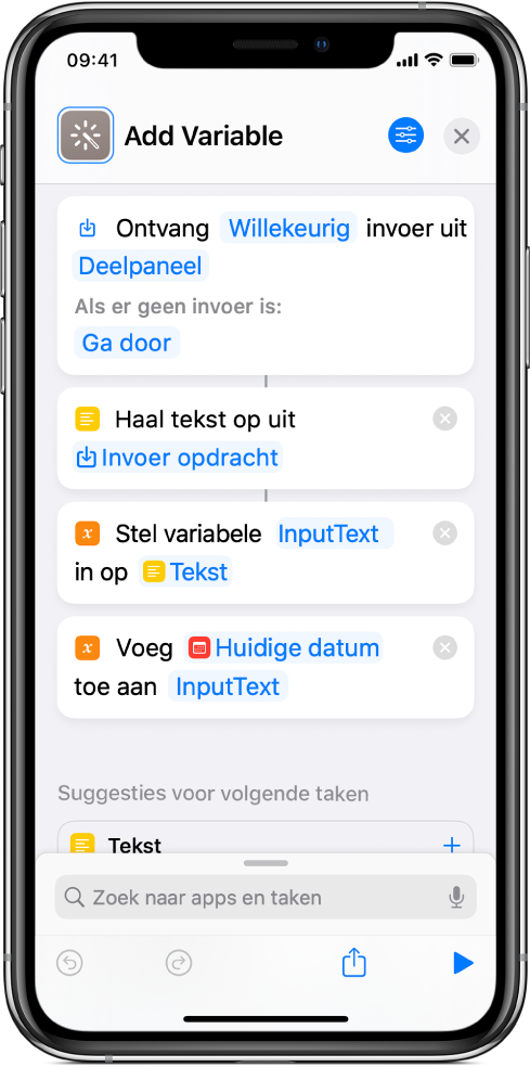 De taken 'Stel variabele in' en 'Voeg toe aan variabele' in de opdrachteneditor.