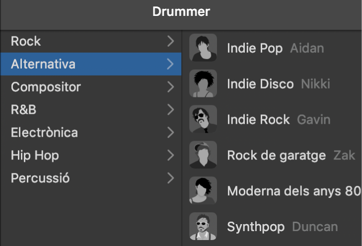 Selecció d’un gènere a l’editor Drummer.