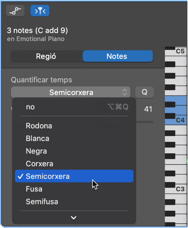 Selecció d’un valor al menú desplegable “Quantificador de temps” de l’inspector de l’editor de teclat.