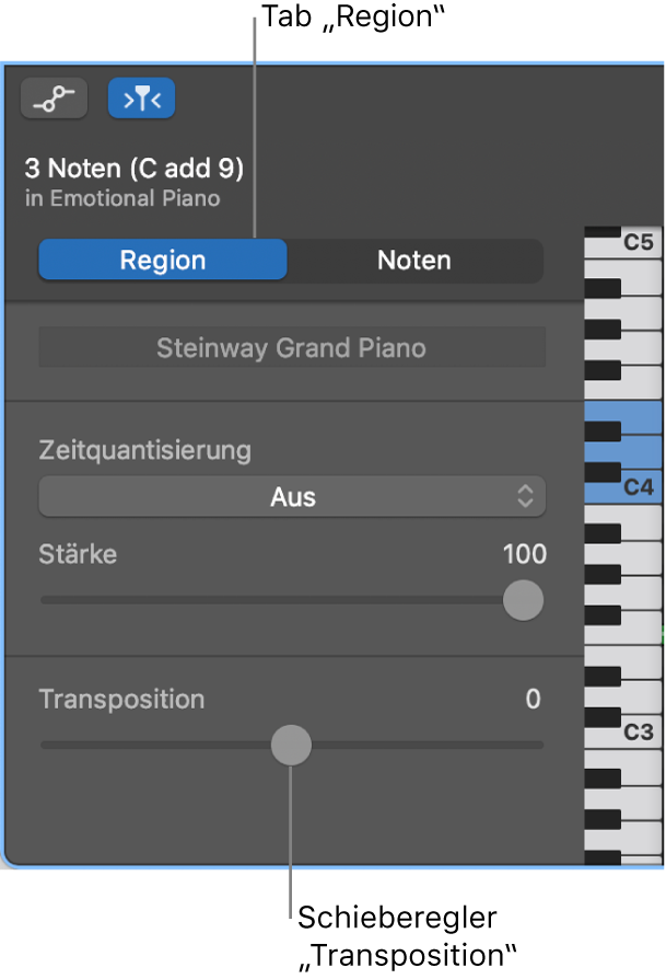 Informationsfenster des Pianorolleneditors mit dem Bereich „Region“ und dem Transpositionsregler