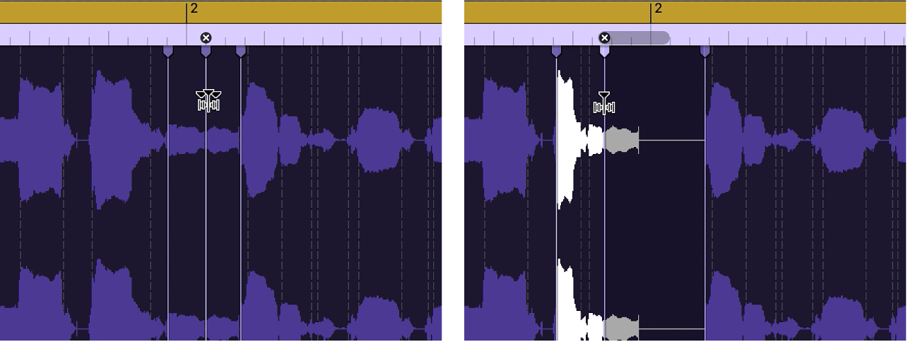 Zwei Audioregionen, mit Region vor und nach dem Verschieben eines Flex-Markers nach links und mit Überlappung des vorherigen Flex-Markers