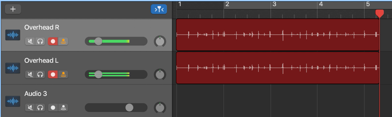 Showing recorded audio regions on two audio tracks in the Tracks area.