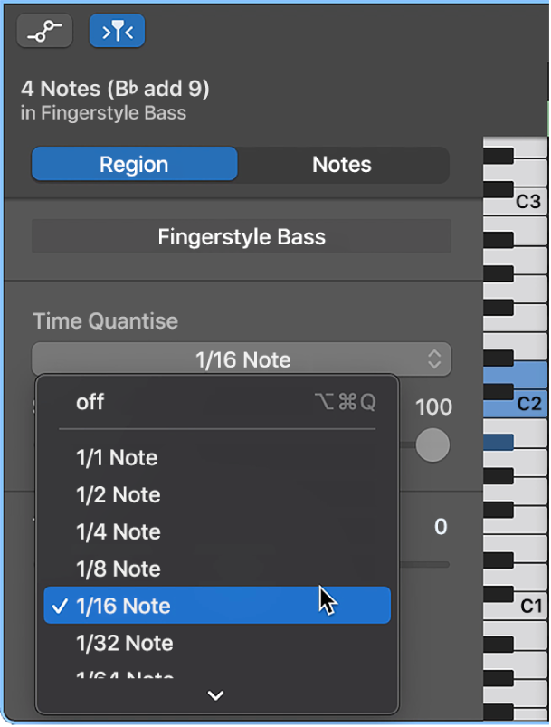 Choosing a value from the Time Quantise pop-up menu in the Piano Roll Editor inspector.