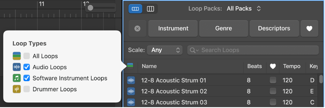 Using the Loop Types button to filter loop types.