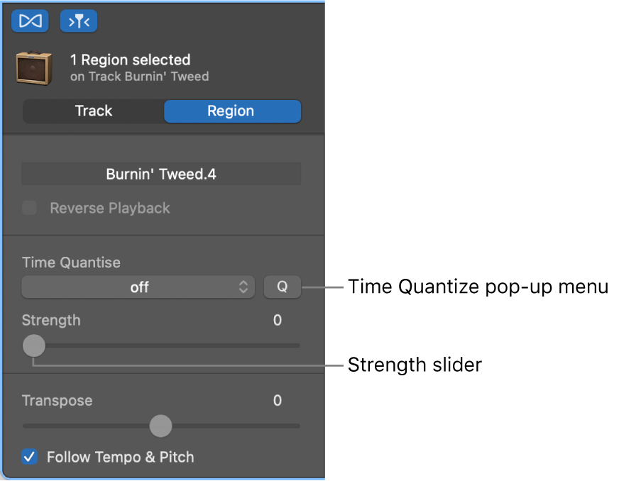 Audio Editor inspector, showing Time Quantize pop-up menu and Strength slider.