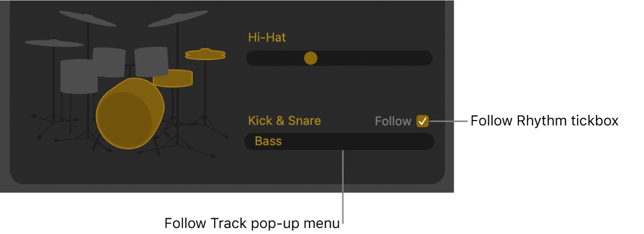 Drummer Editor showing Follow Rhythm tick box and Follow Track pop-up menu.