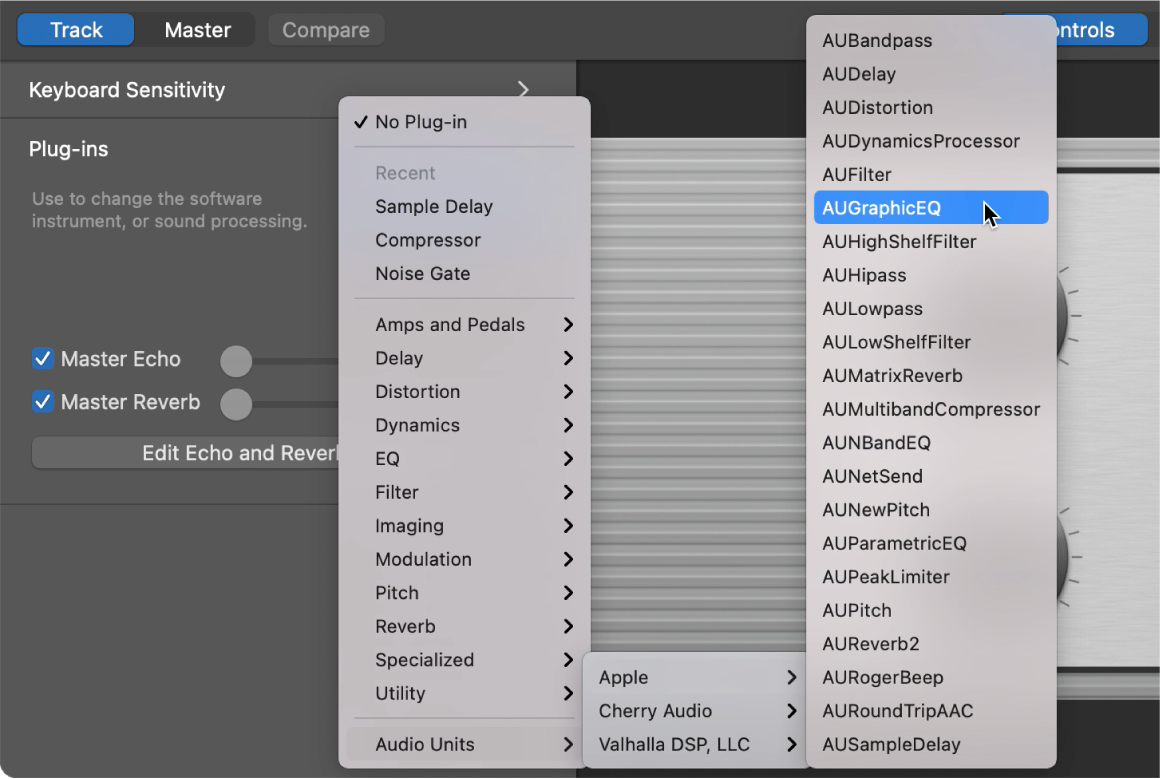 Choosing an Audio Units plug-in from the Audio Units pop-up menu in the Plug-ins area.