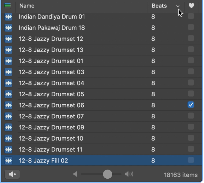Pointing to the Beats column header in the Loop Browser.