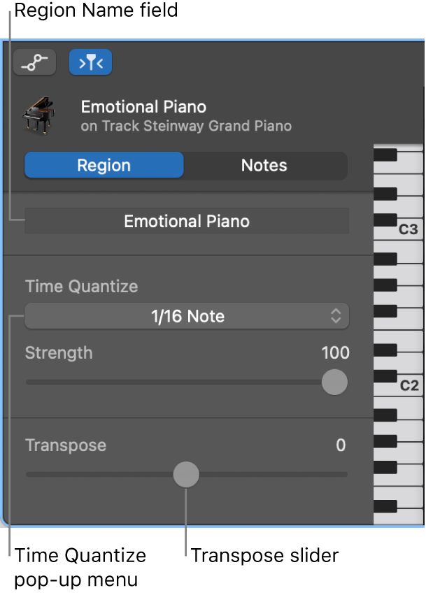 Piano Roll Editor inspector in Region mode, showing controls.