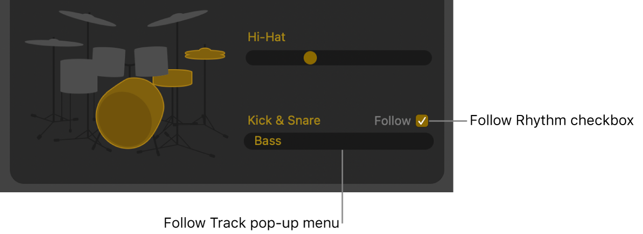 Drummer Editor showing Follow Rhythm checkbox and Follow Track pop-up menu.