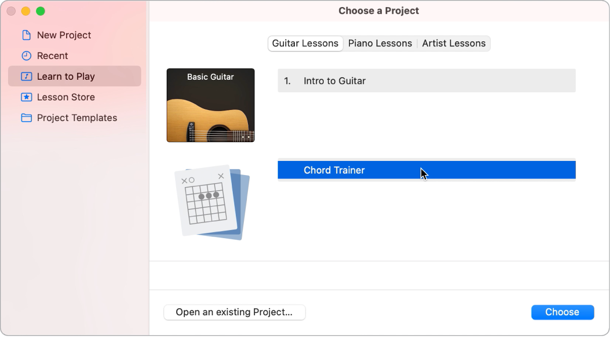 Project Chooser, selecting Chord Trainer.