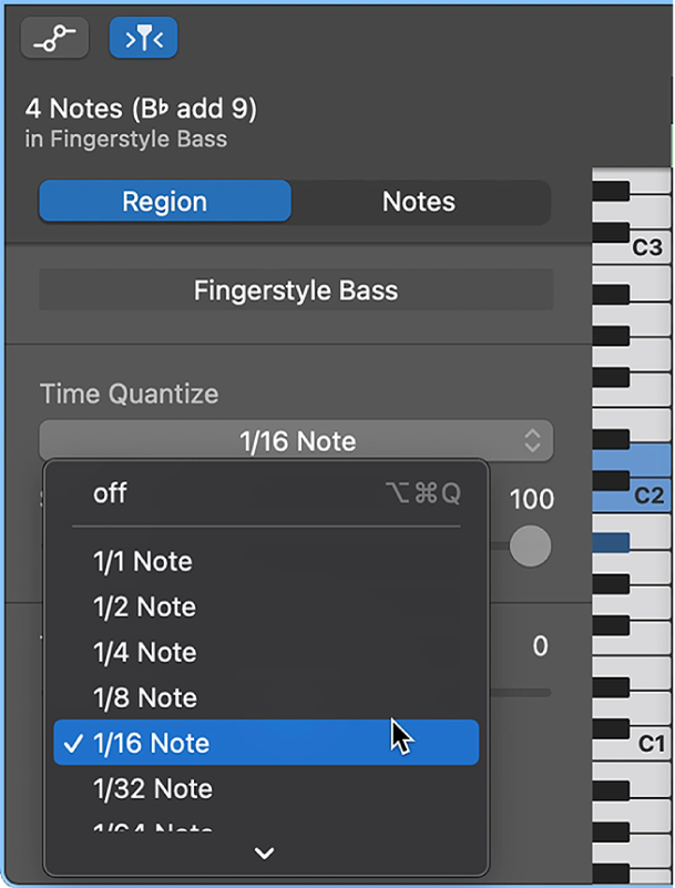 Choosing a value from the Time Quantize pop-up menu in the Piano Roll Editor inspector.