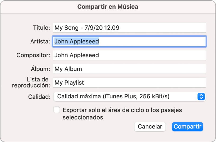 Cuadro de diálogo “Compartir en Música”.