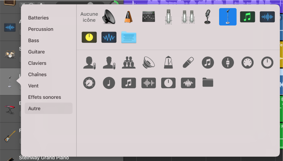 Sélection d’une icône de piste dans le menu des raccourcis Icône