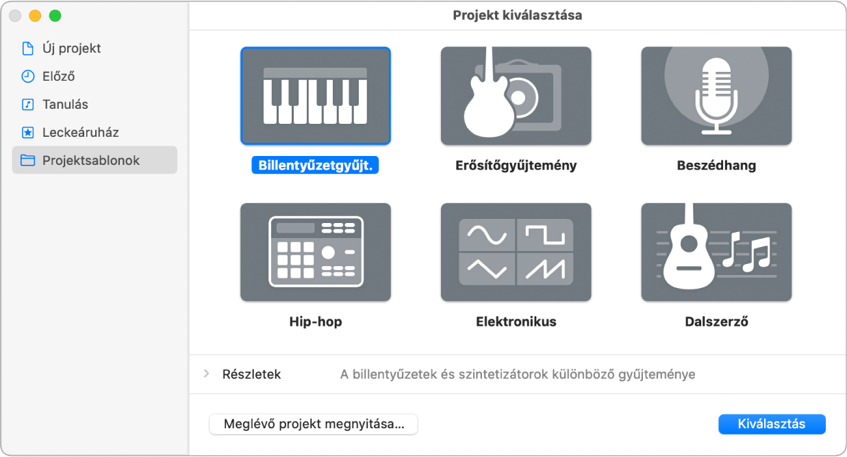 A Projektválasztó és az Új projekt sablonok