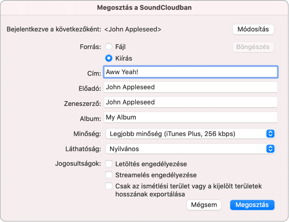 Megosztás a SoundCloudban párbeszédablak