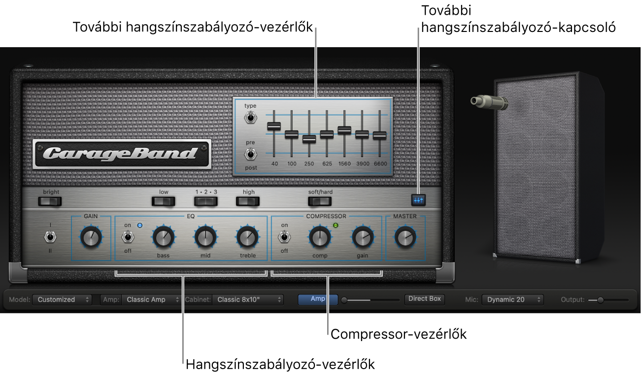 A Bass Amp Designer a hangszínszabályzó és kompresszor-vezérlőkkel.