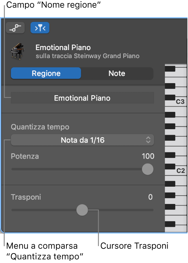 Inspector “Editor Piano roll” in modalità Regione, con i controlli.