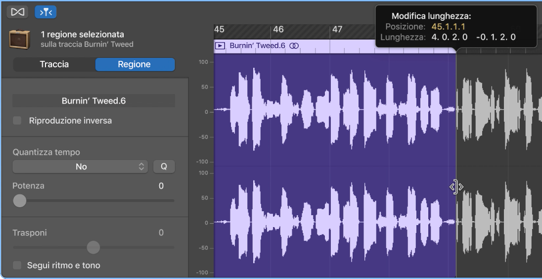 Taglio di una regione in “Editor audio”, con il puntatore Taglia e l’etichetta Aiuto.