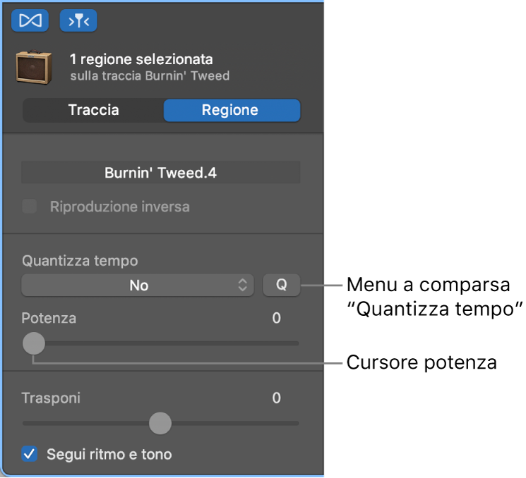 Inspector “Editor audio”, con il menu a comparsa “Quantizza tempo” e il cursore Potenza.