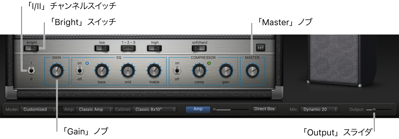 Bass Amp Designerのアンプコントロール。「Bright」スイッチ、「Gain」ノブ、チャンネルI/IIスイッチ、「Master」ノブがあります。