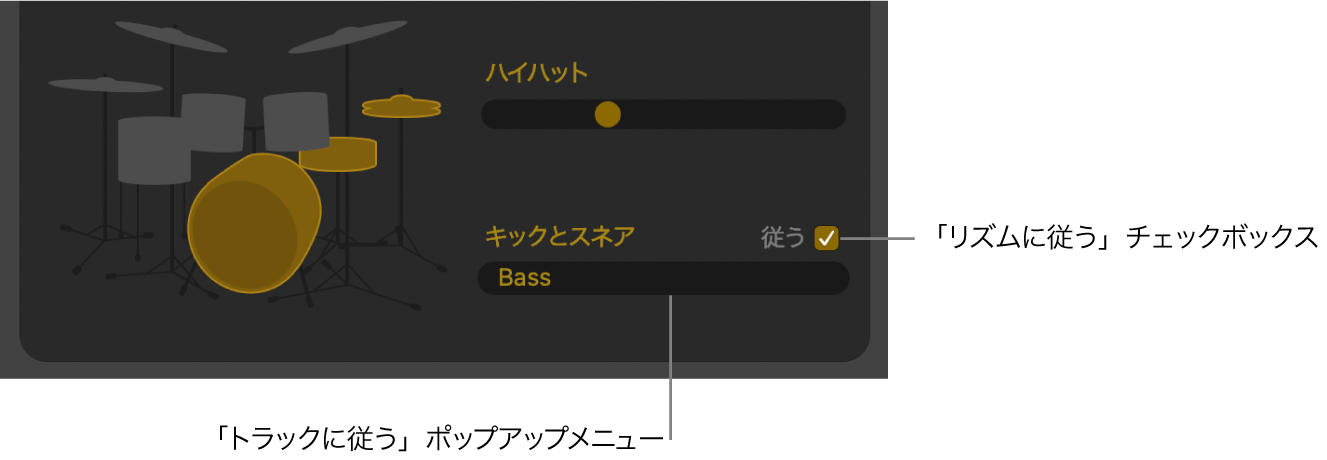 Drummerエディタの「従う」チェックボックスと「トラックに従う」ポップアップメニュー。