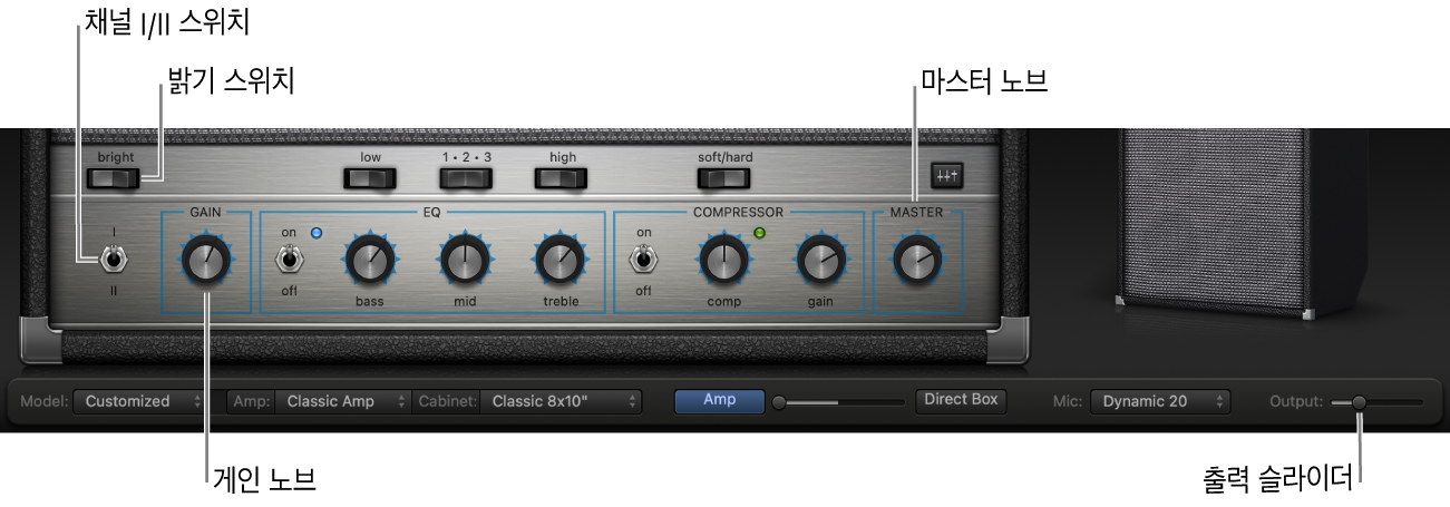 밝기 스위치, 게인 노브, 채널 I 및 II 스위치, 마스터 노브를 포함하는 Bass Amp Designer 앰프 제어기.