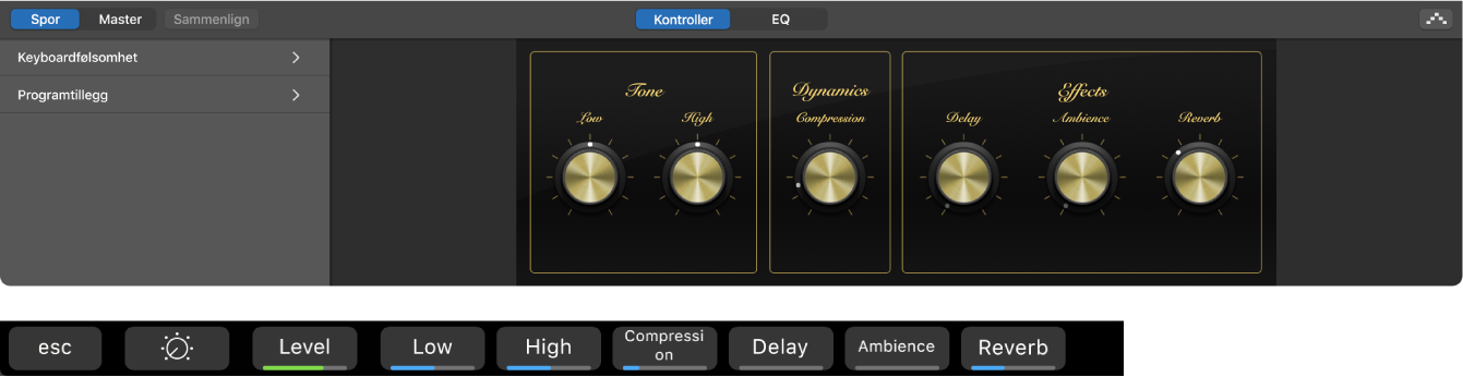 Figur. Programvareinstrumentspor Smart Controls og dynamiske Smart Controls-skjermsnarveier.