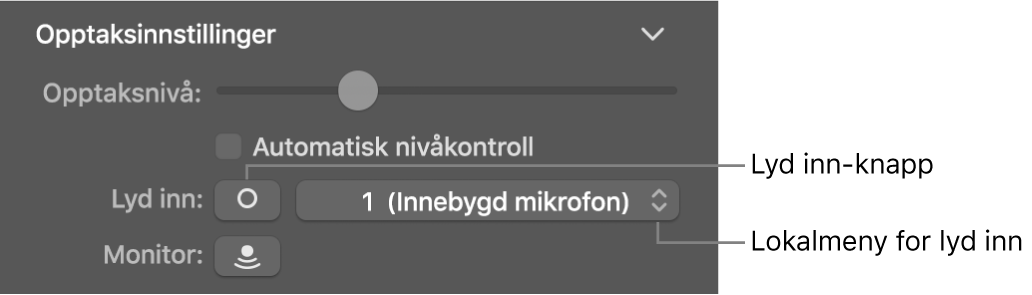 Lyd inn-knappen og lokalmenyen i Smart Controls-inspektøren.