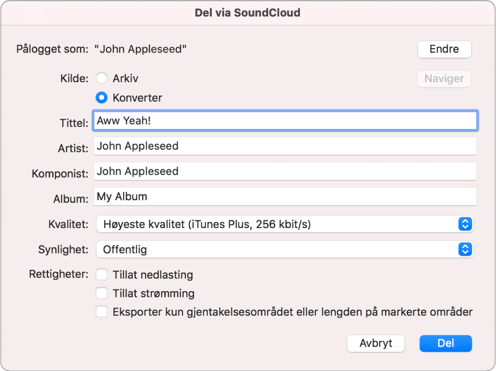 Del via SoundCloud-dialogruten.