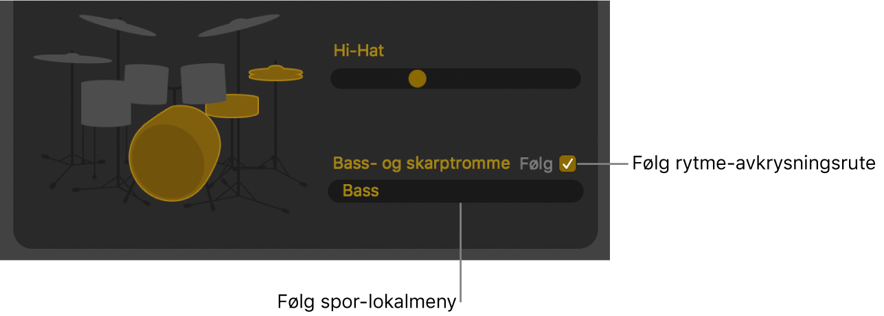Drummer-redigerer som viser Følg rytme-avkrysningsruten og Følg Spor-lokalmenyen.