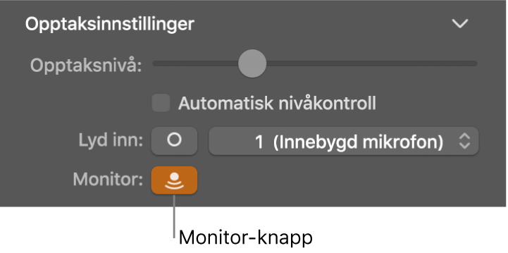 Monitor-knapp for lyd inn i Smart Controls-inspektøren.