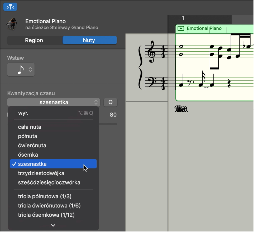 Wybór wartości w menu Kwantyzacja czasu w inspektorze edytora partytury.